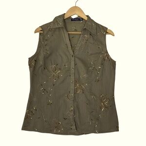 TWEED & HICKORY sz 8 Sleeveless Blouse V Neck Embroidery + Floral Appliqués